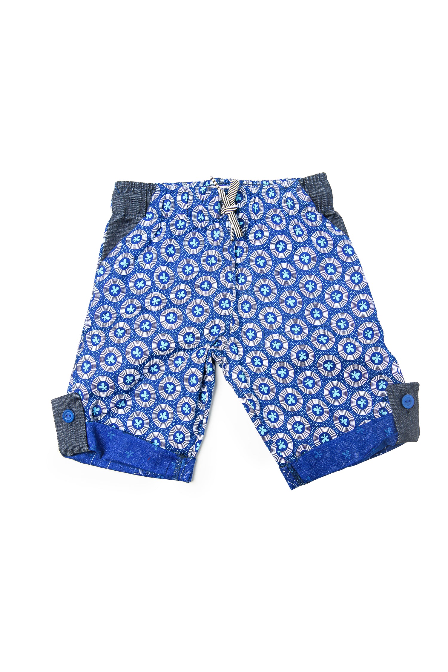 Kiddies Unisex Goodbye Malaria Shweshwe Shorts with Denim Detail