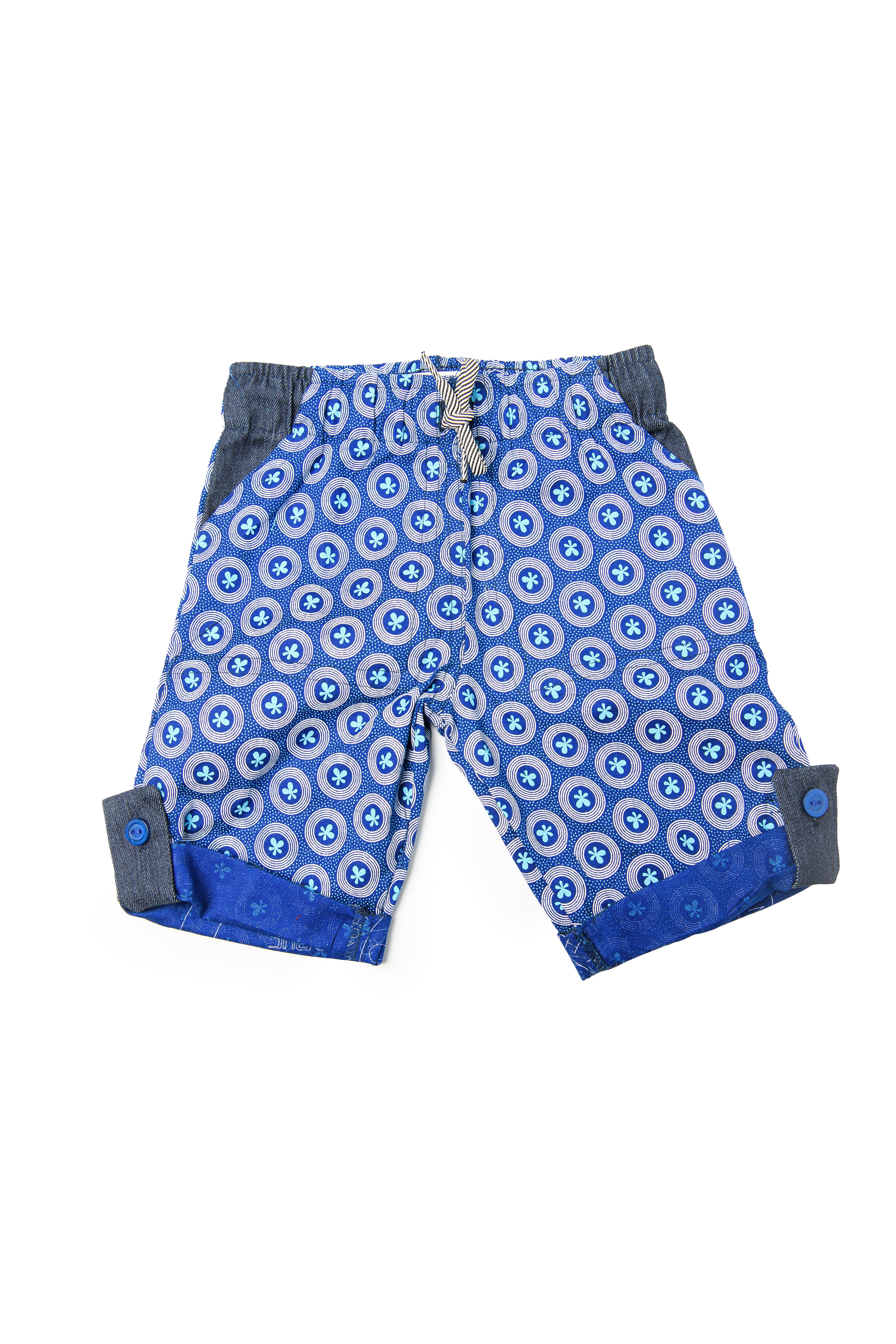Kiddies Unisex Goodbye Malaria Shweshwe Shorts with Denim Detail