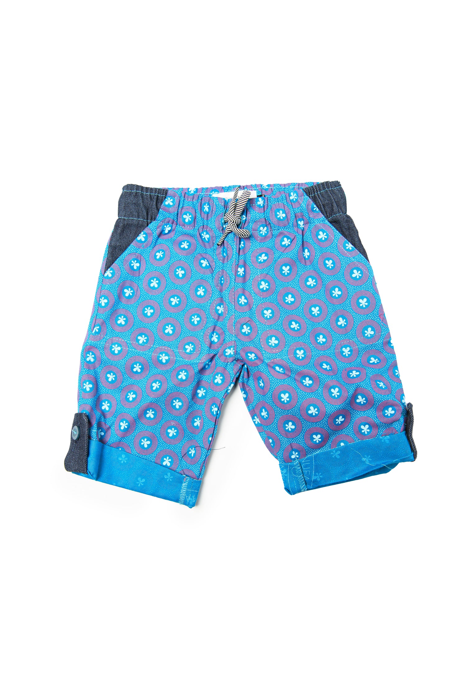 Kiddies Unisex Goodbye Malaria Shweshwe Shorts with Denim Detail