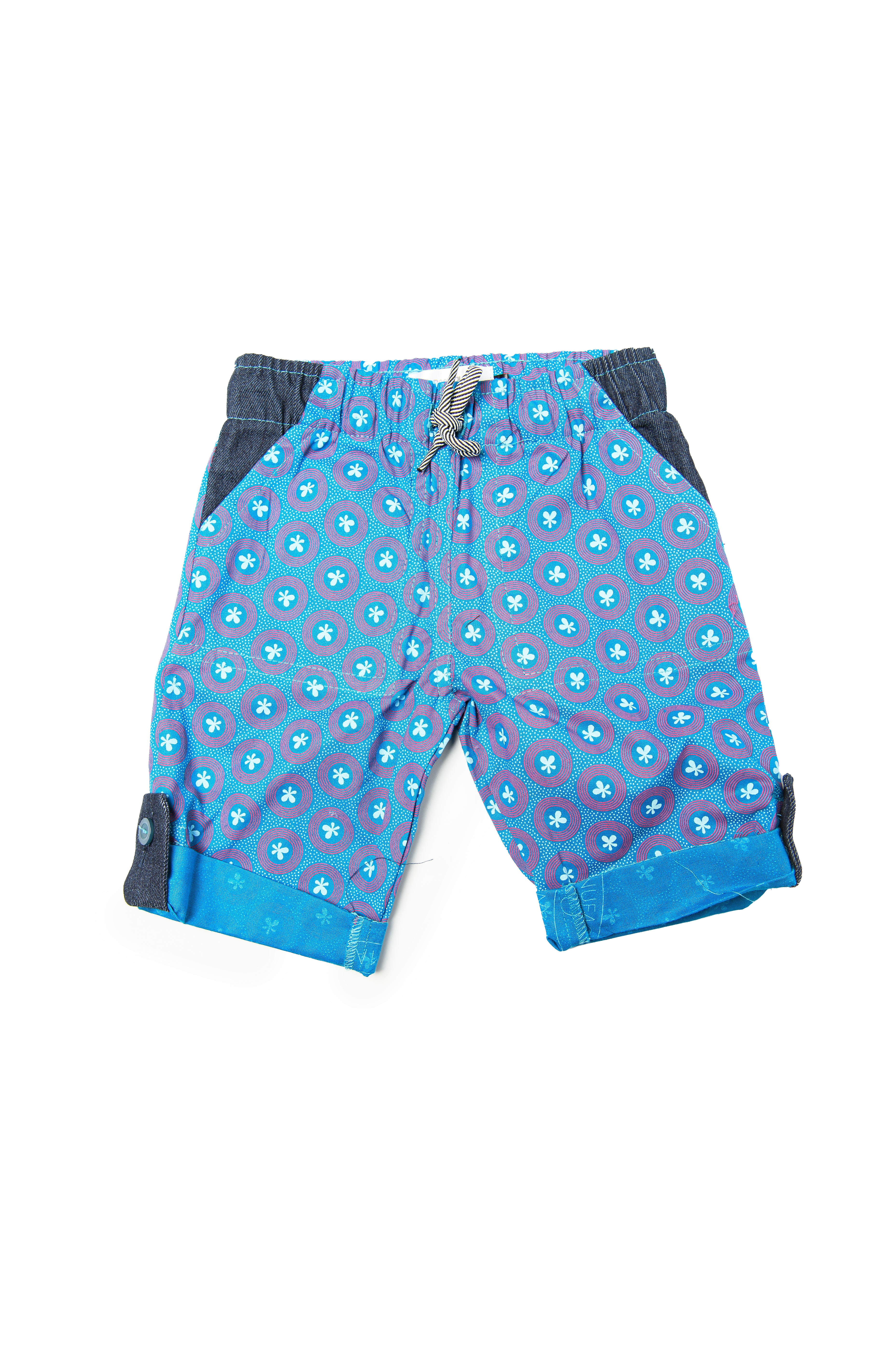 Kiddies Unisex Goodbye Malaria Shweshwe Shorts with Denim Detail
