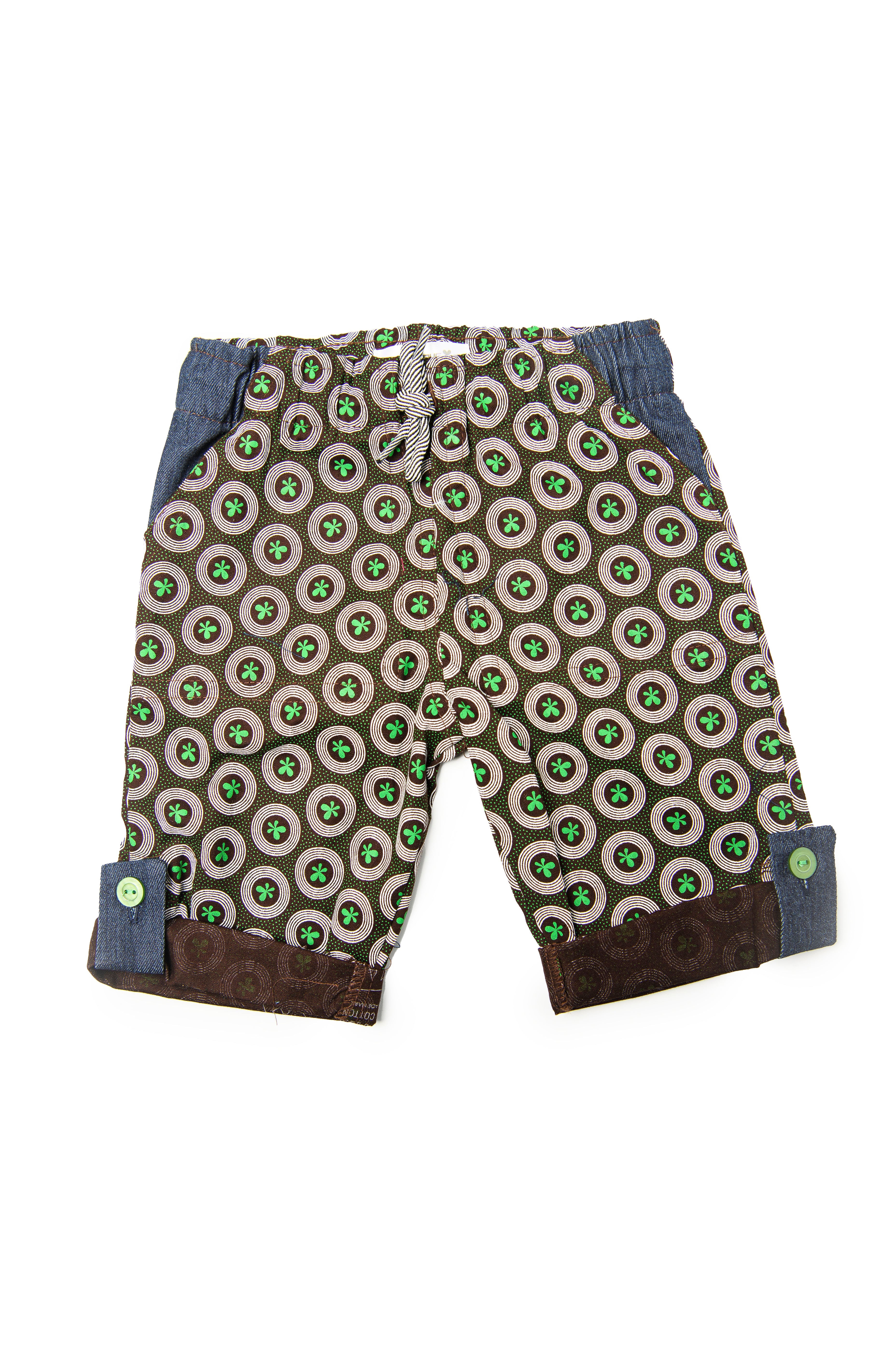 Kiddies Unisex Goodbye Malaria Shweshwe Shorts with Denim Detail