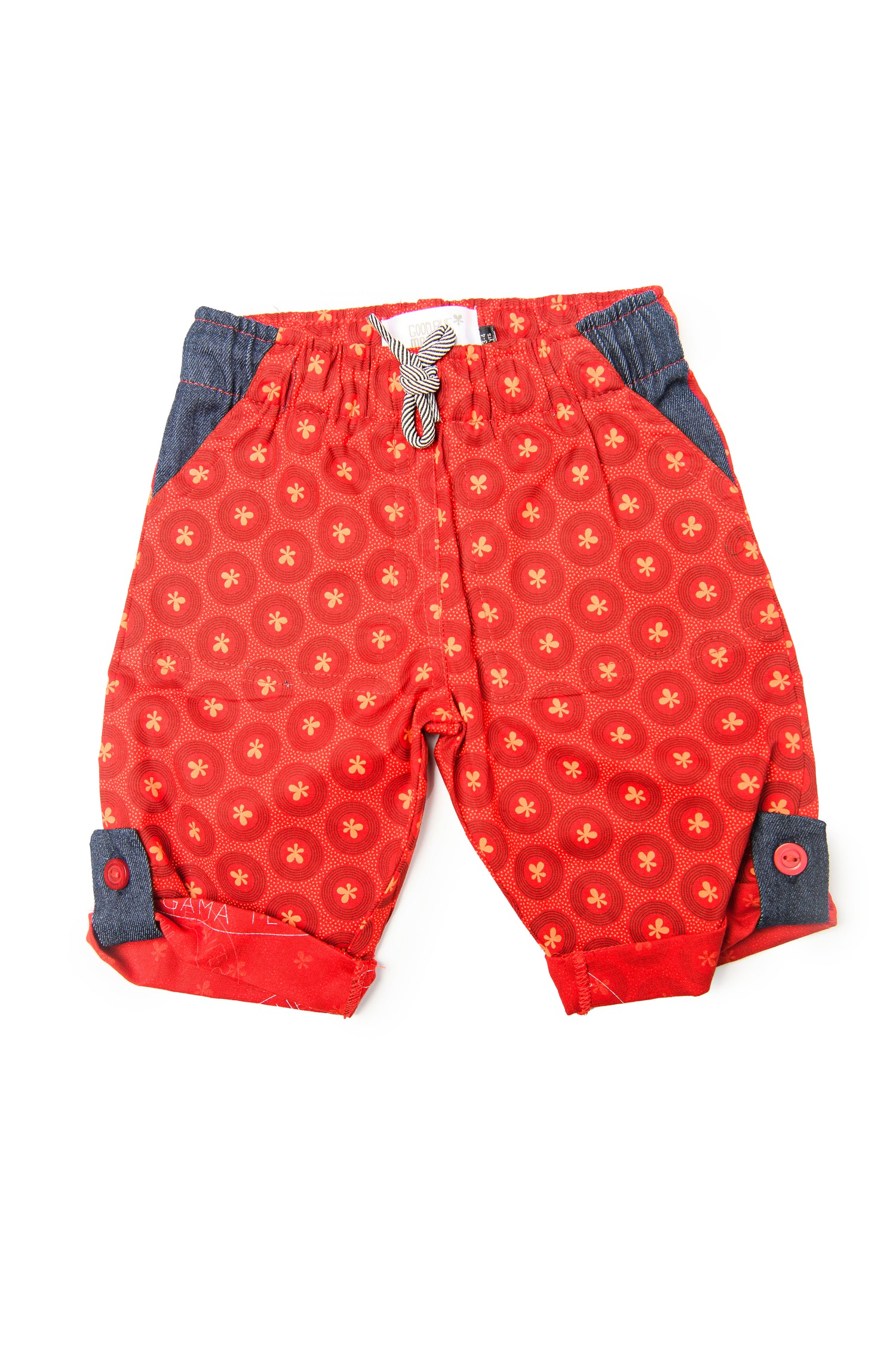 Kiddies Unisex Goodbye Malaria Shweshwe Shorts with Denim Detail
