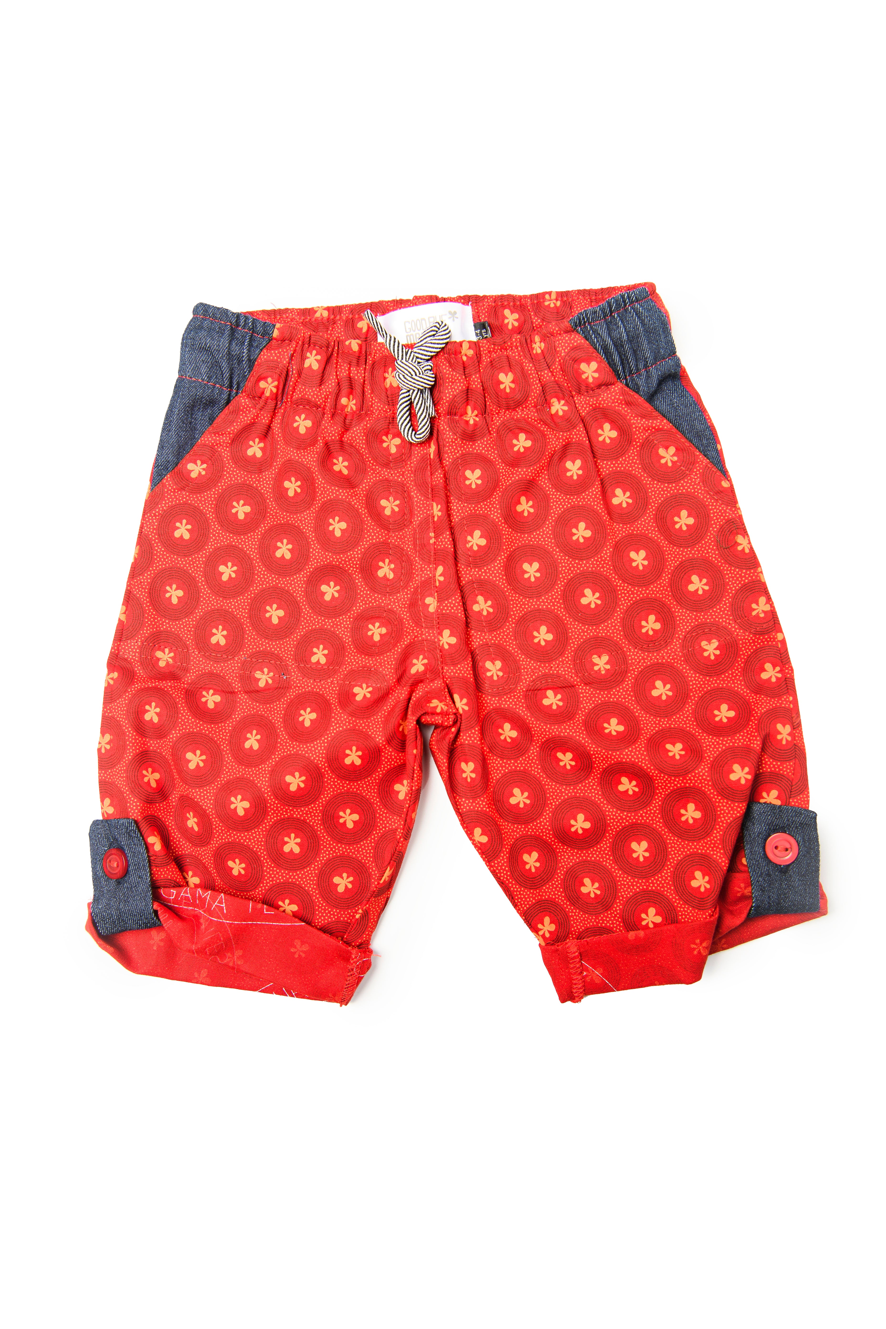 Kiddies Unisex Goodbye Malaria Shweshwe Shorts with Denim Detail