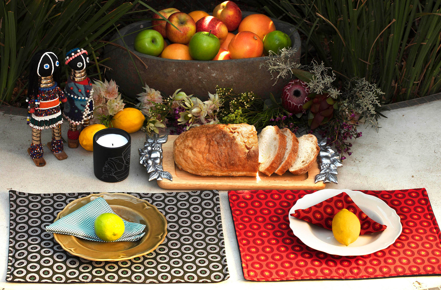 Shweshwe Placemats and Serviettes Display Red & Brown