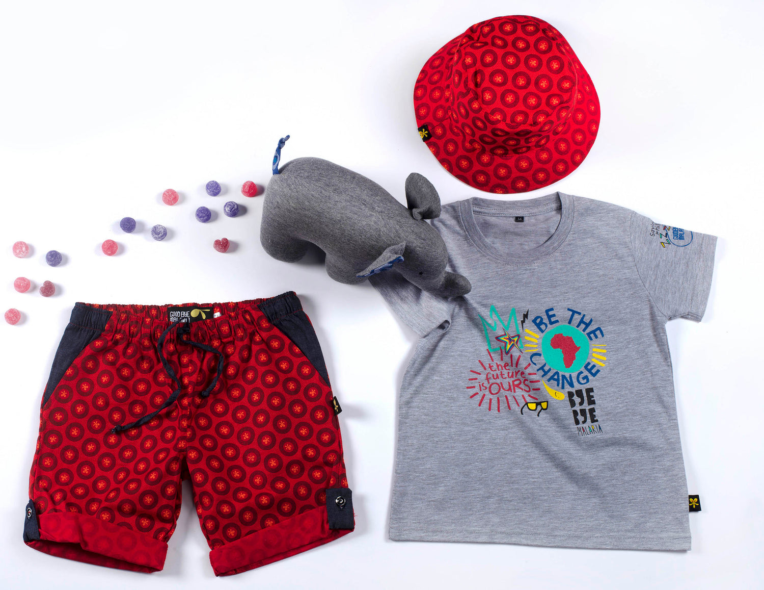 Kiddies Shweshwe Shorts with Denim Detail Gift Idea with t-shirt, bucket hat and plush toy.